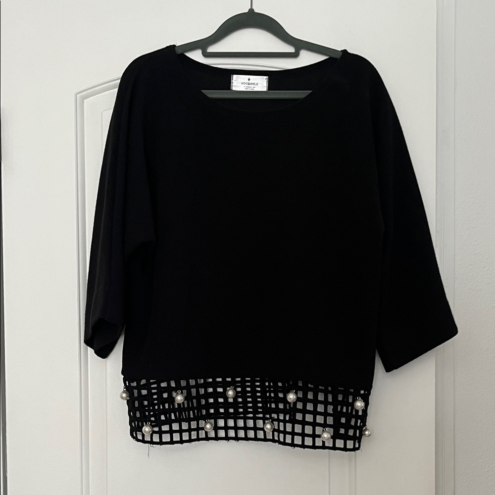 Black Women's Top with Pearl Accents
